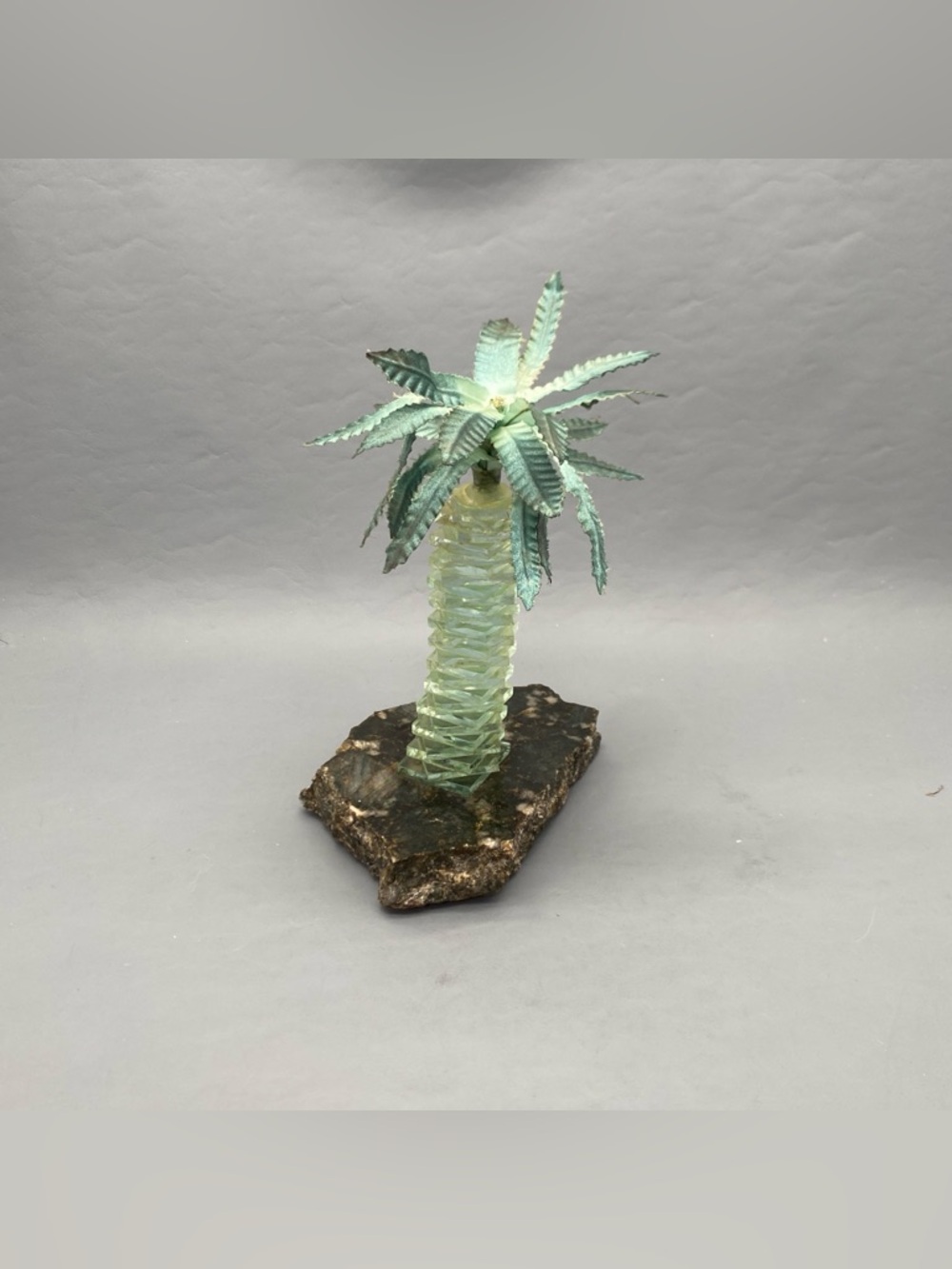 Vintage Light-Up Glass Palm Tree Sculpture on Stone Base - Mid Century Decor